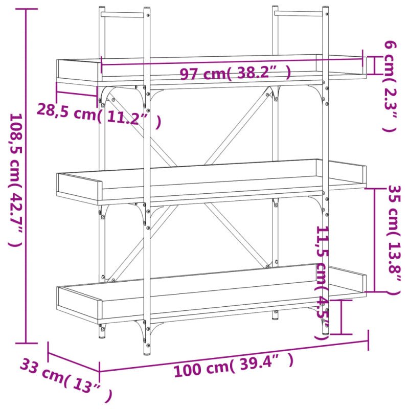 vidaXL Knižnica 3 police sivá sonoma 100x33x108,5 cm kompozitné drevo