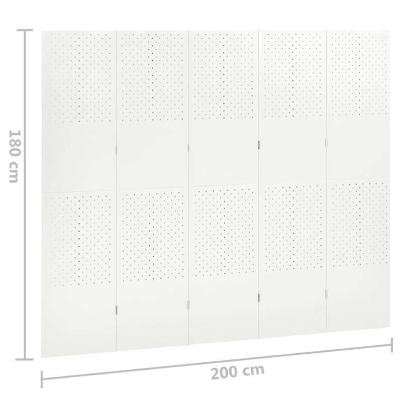 vidaXL Paraván s 5 panelmi, biela 200x180 cm oceľ