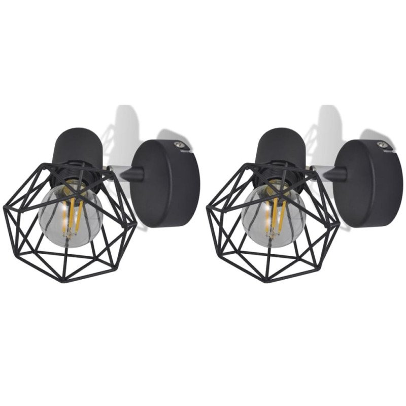 2 čierne nástenné lampy s LED žiarovkou, industriálny štýl, drôtené