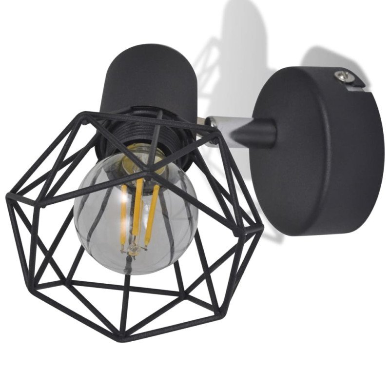 2 čierne nástenné lampy s LED žiarovkou, industriálny štýl, drôtené
