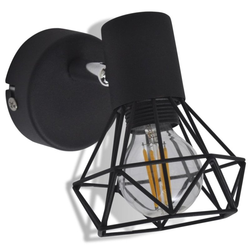 2 čierne nástenné lampy s LED žiarovkou, industriálny štýl, drôtené