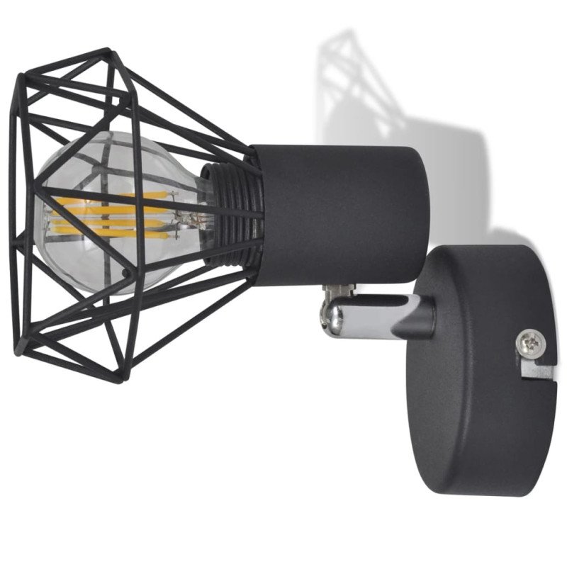 2 čierne nástenné lampy s LED žiarovkou, industriálny štýl, drôtené