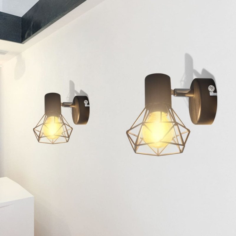 2 čierne nástenné lampy s LED žiarovkou, industriálny štýl, drôtené