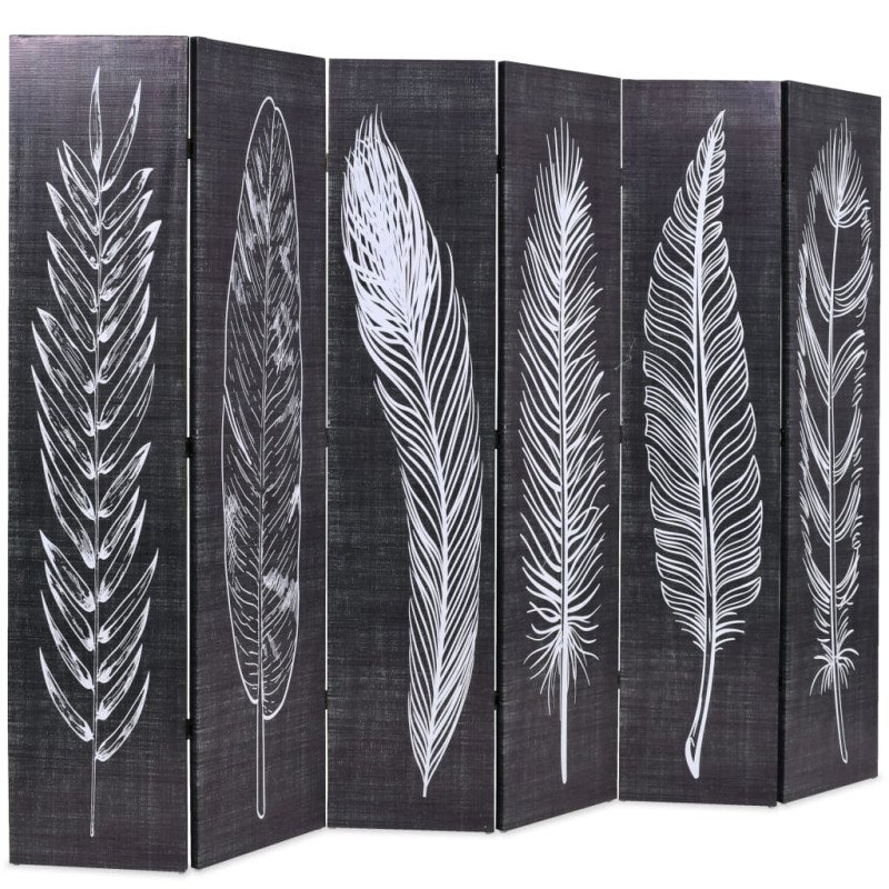 vidaXL Skladací paraván 228x170 cm, potlač s pierkami, čierno-biely