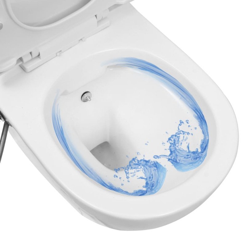 vidaXL Závesné bezokrajové WC s funkciou bidetu biele keramické