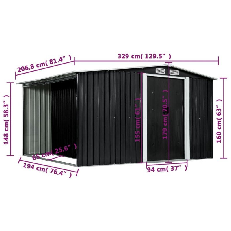 vidaXL Záhradná kôlňa s posuvnými dverami antracitová 329,5x205x178 cm oceľová