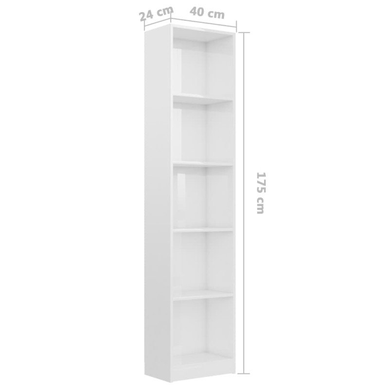 vidaXL Knižnica, 5 políc, lesklá biela 40x24x175 cm, kompozitné drevo