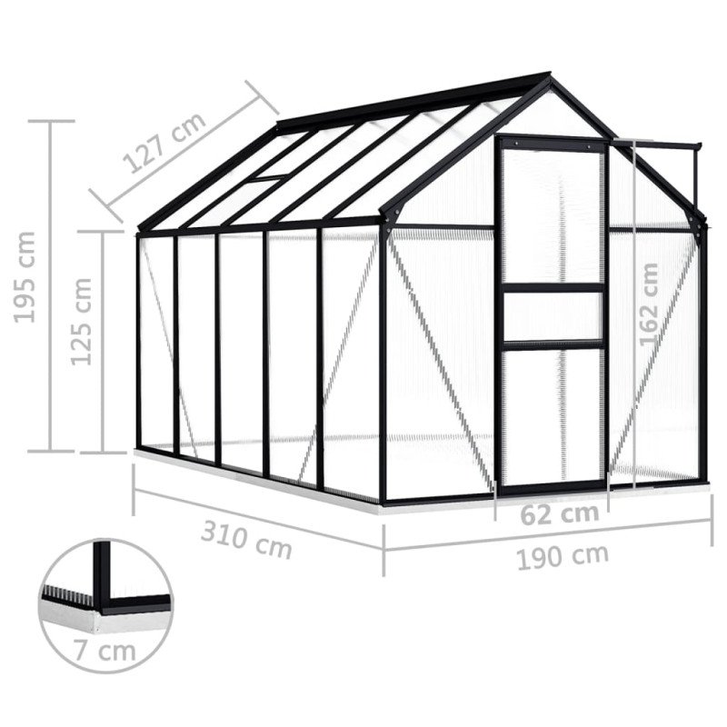 vidaXL Skleník s podkladovým rámom, antracitový, hliník 5,89 m²