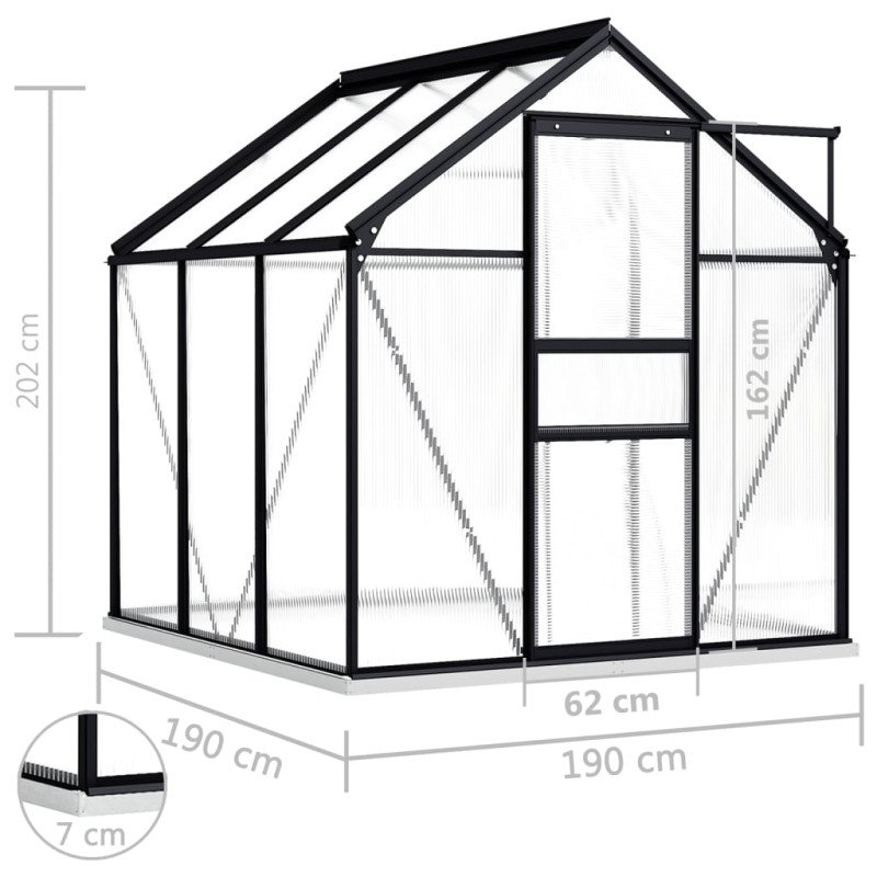 vidaXL Skleník s podkladovým rámom, antracitový, hliník 3,61 m²