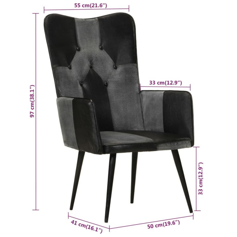 vidaXL Kreslo wingback čierne a sivé pravá koža