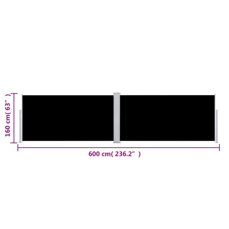 vidaXL Zaťahovacia bočná markíza čierna 160x600 cm