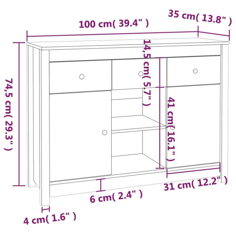 vidaXL Komoda biela 100x35x74,5 cm borovicový masív