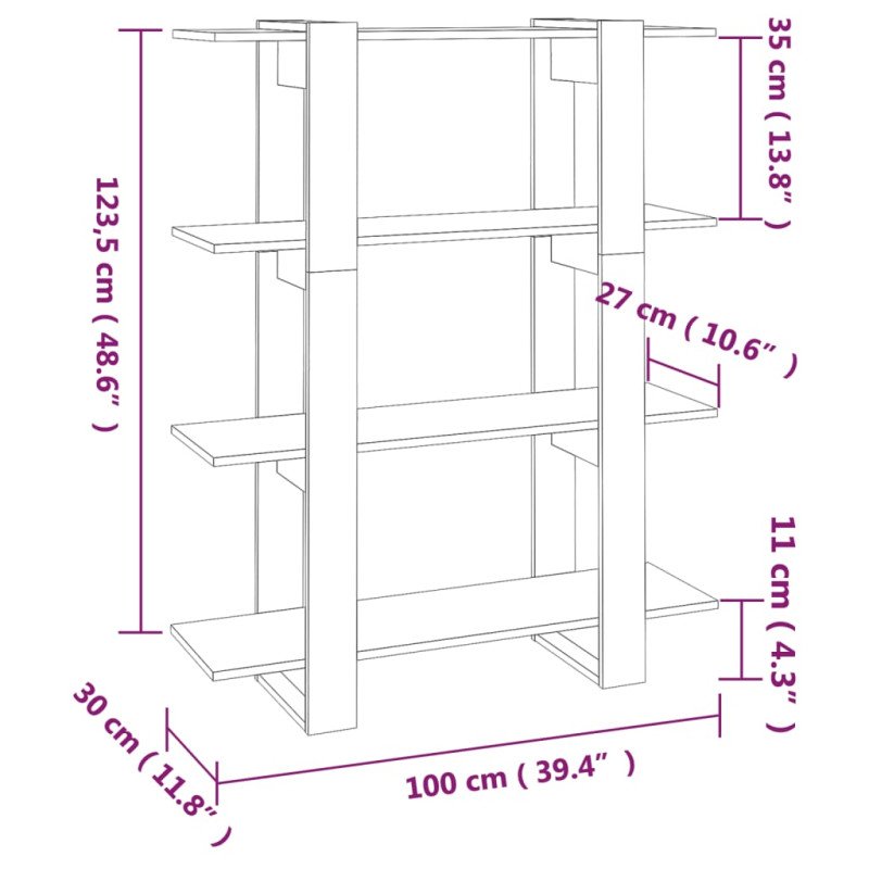 vidaXL Knižnica/deliaca stena tmavý dub 100x30x123,5 cm