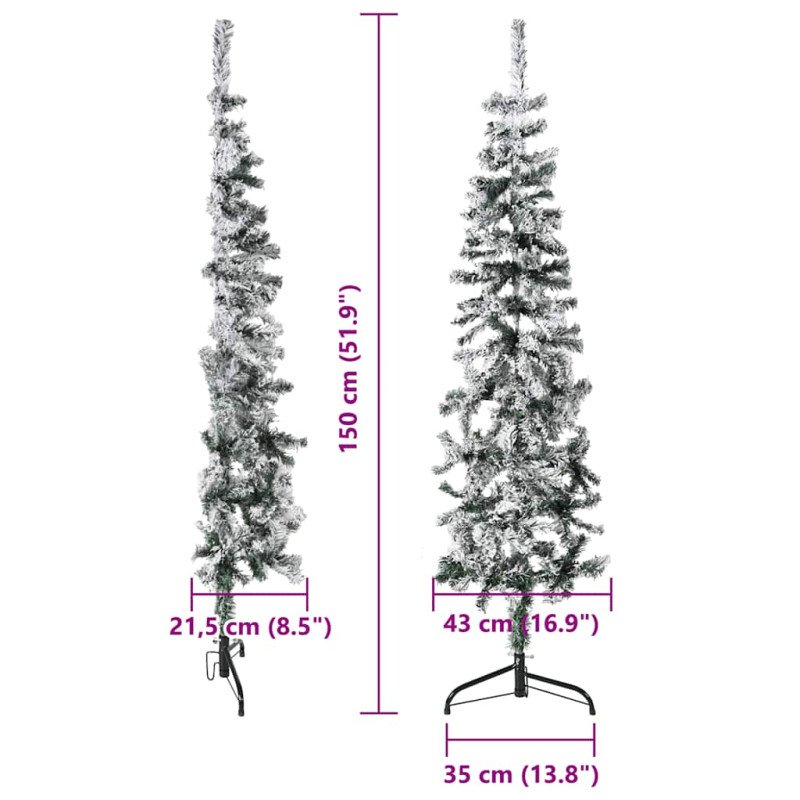 vidaXL Úzky zasnežený umelý vianočný polovičný stromček 150 cm