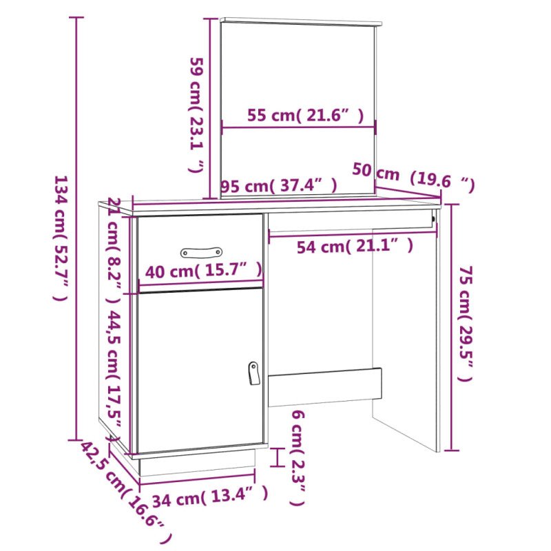 vidaXL Toaletný stolík hnedý 95x50x134 cm masívne borovicové drevo