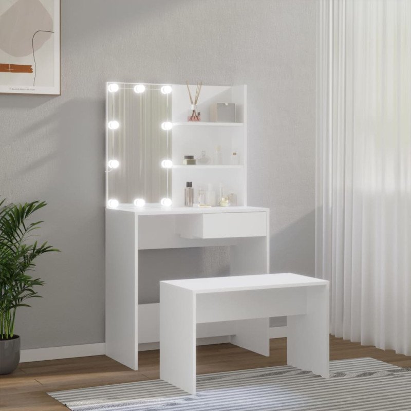 vidaXL Sada toaletného stolíka s LED biela spracované drevo