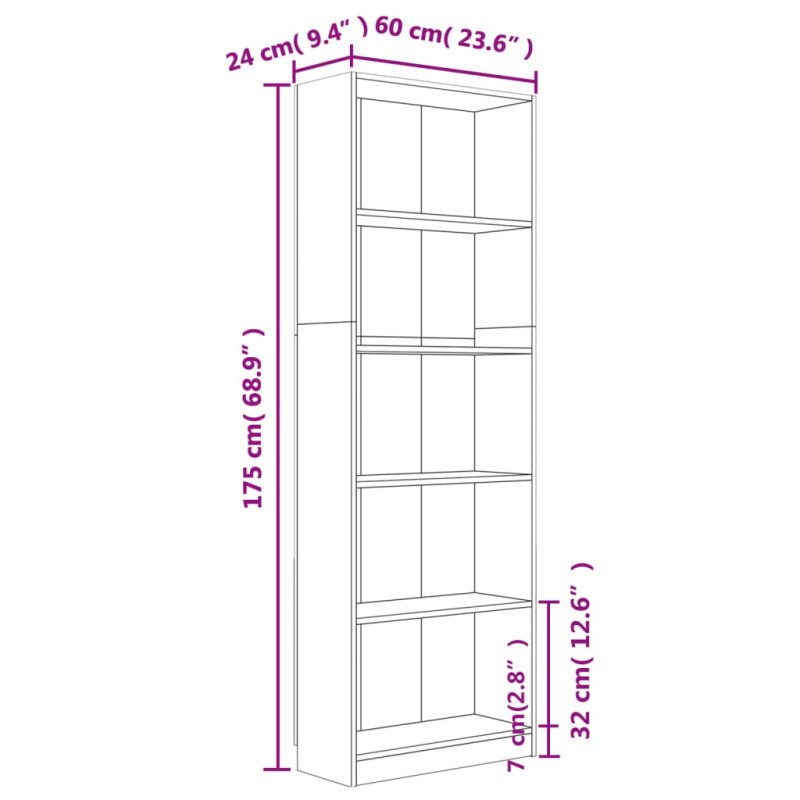 vidaXL 5-poschodová knižnica dymový dub 60x24x175 cm spracované drevo
