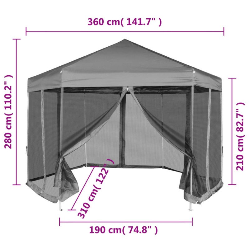 vidaXL Rozkladací záhradný stan so 6 stenami, sivý 3,6 x 3,1 m