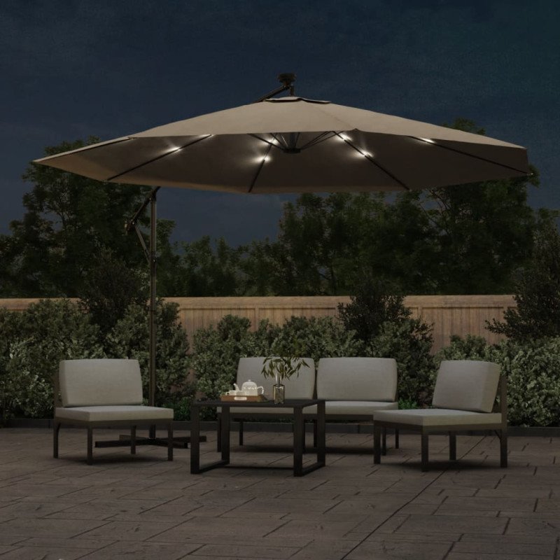 vidaXL Visiaci slnečník s LED osvetlením a kovovou tyčou hnedý 350 cm