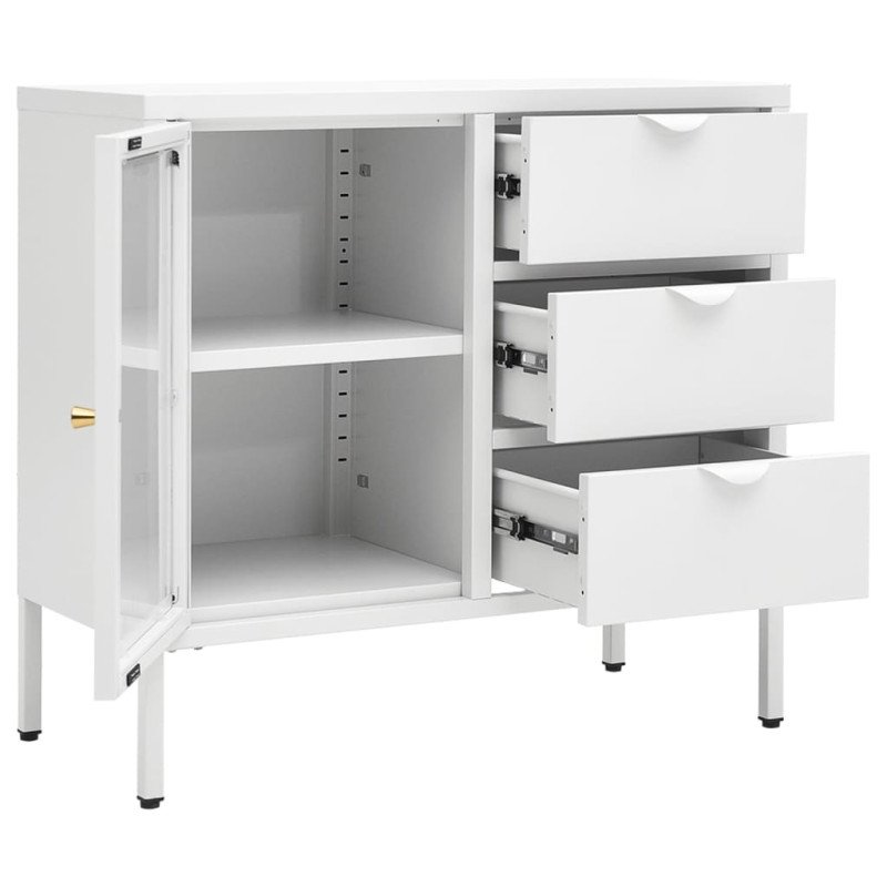 vidaXL Komoda biela 75x35x70 cm oceľ a tvrdené sklo