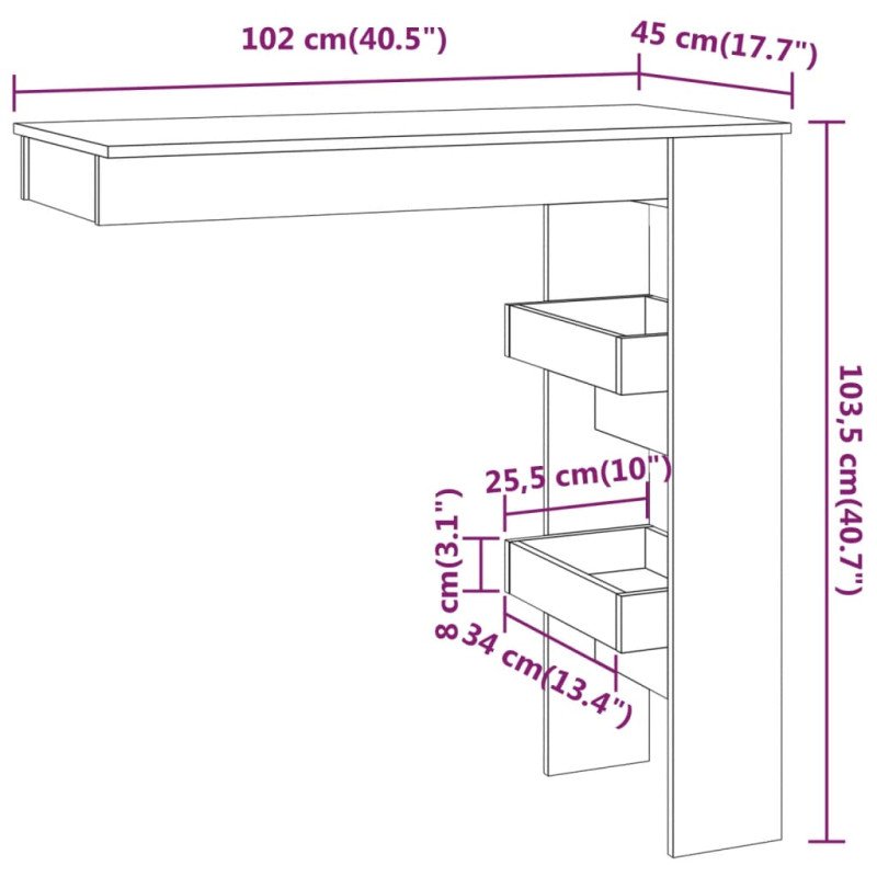 vidaXL Nástenný barový stôl sonoma 102x45x103,5 cm spracované drevo