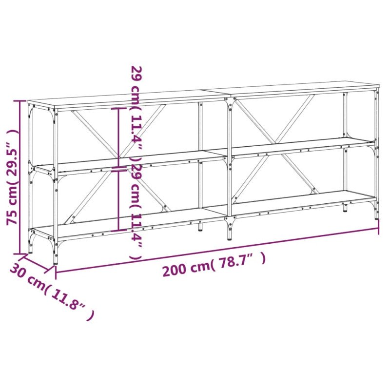 vidaXL Konzolový stolík dymový dub 200x30x75cm kompozitné drevo železo