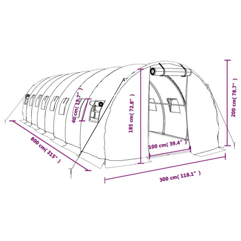 vidaXL Fóliovník s oceľovým rámom biely 24 m² 8x3x2 m