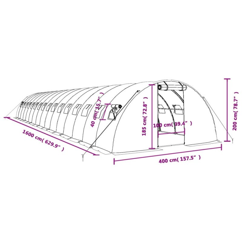 vidaXL Fóliovník s oceľovým rámom zelený 64 m² 16x4x2 m