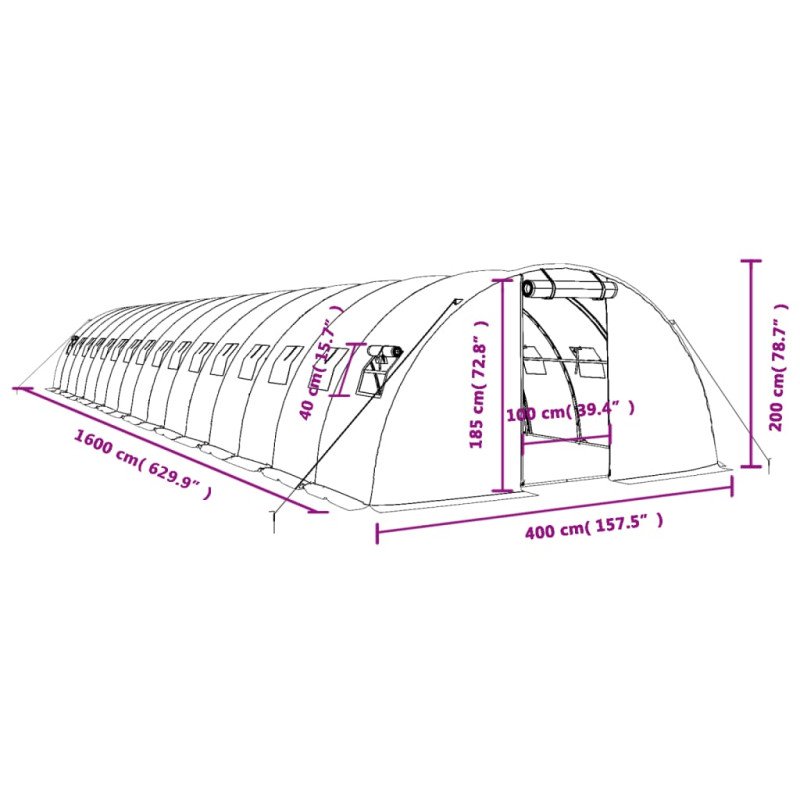vidaXL Fóliovník s oceľovým rámom biely 64 m² 16x4x2 m