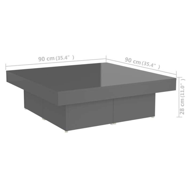 vidaXL Konferenčný stolík lesklý sivý 90x90x28 cm drevotrieska