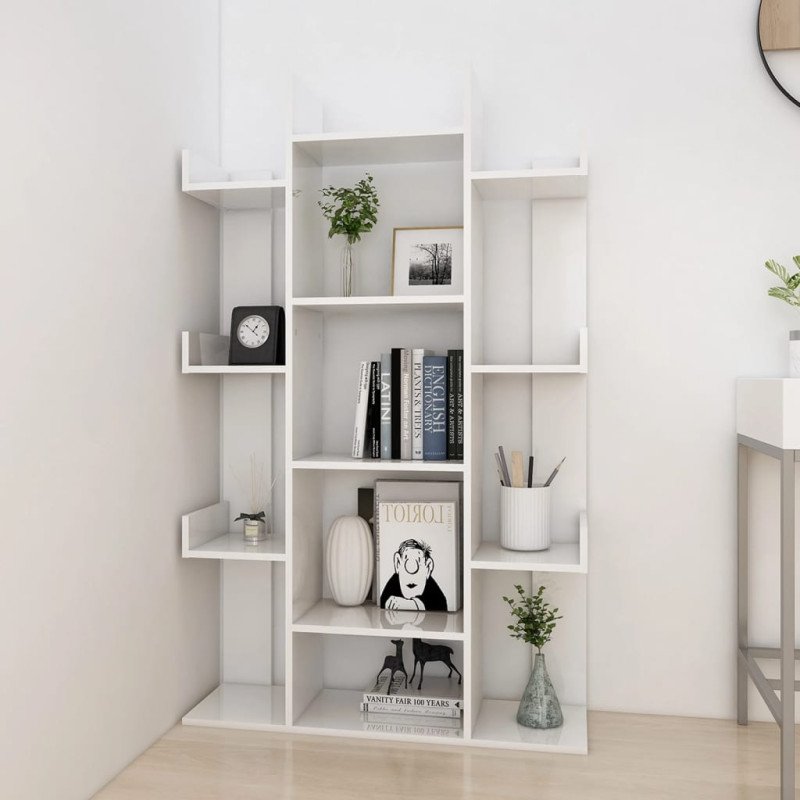 vidaXL Knižnica vysoký lesk biela 86x25,5x140 cm drevotrieska