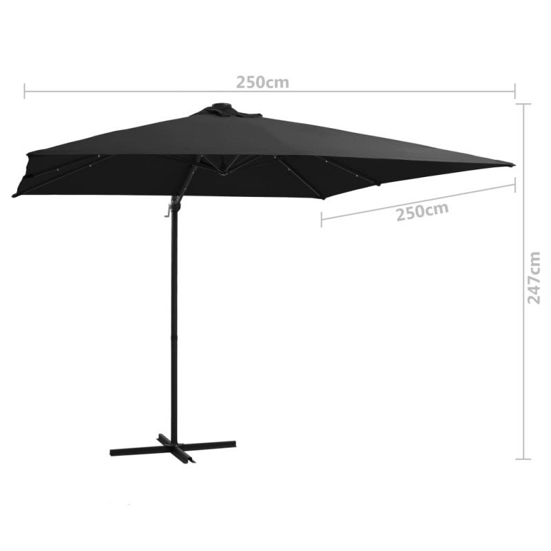 vidaXL Závesný slnečník s LED a oceľovou tyčou 250x250 cm, čierny