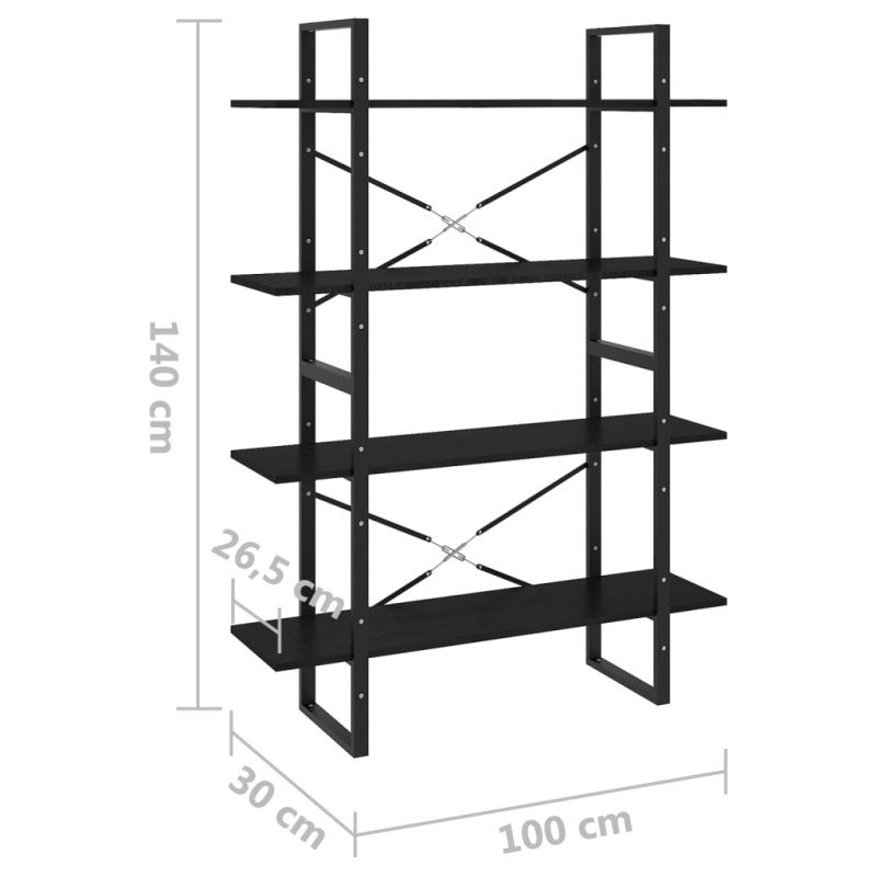 vidaXL Knižnica so 4 policami čierna 100x30x140 cm masívna borovica 