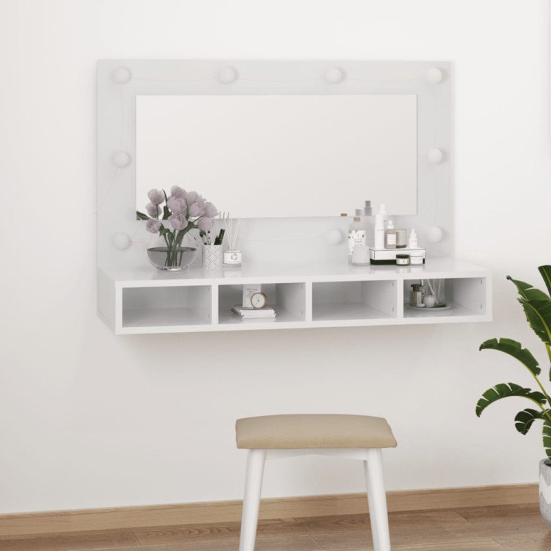 vidaXL Zrkadlová skrinka s LED lesklá biela 90x31,5x62 cm
