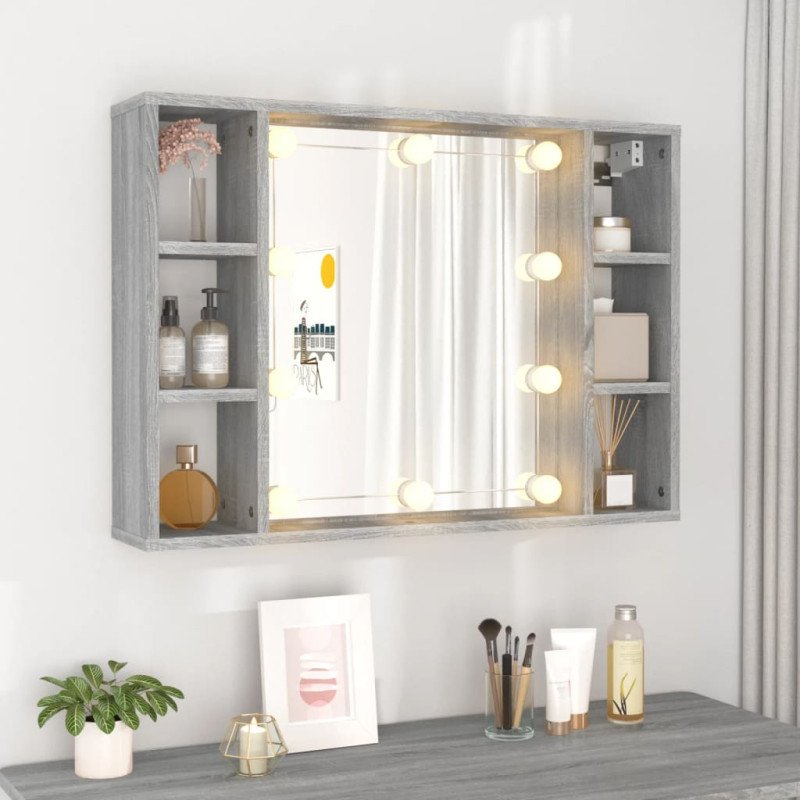 vidaXL Zrkadlová skrinka s LED sivý dub sonoma 76x15x55 cm