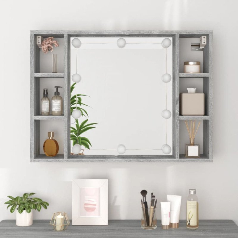 vidaXL Zrkadlová skrinka s LED sivý dub sonoma 76x15x55 cm