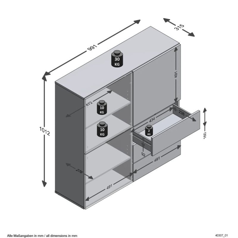 FMD Skriňa s 3 zásuvkami a 3 dvierkami 99x31,5x101,2 cm modrá