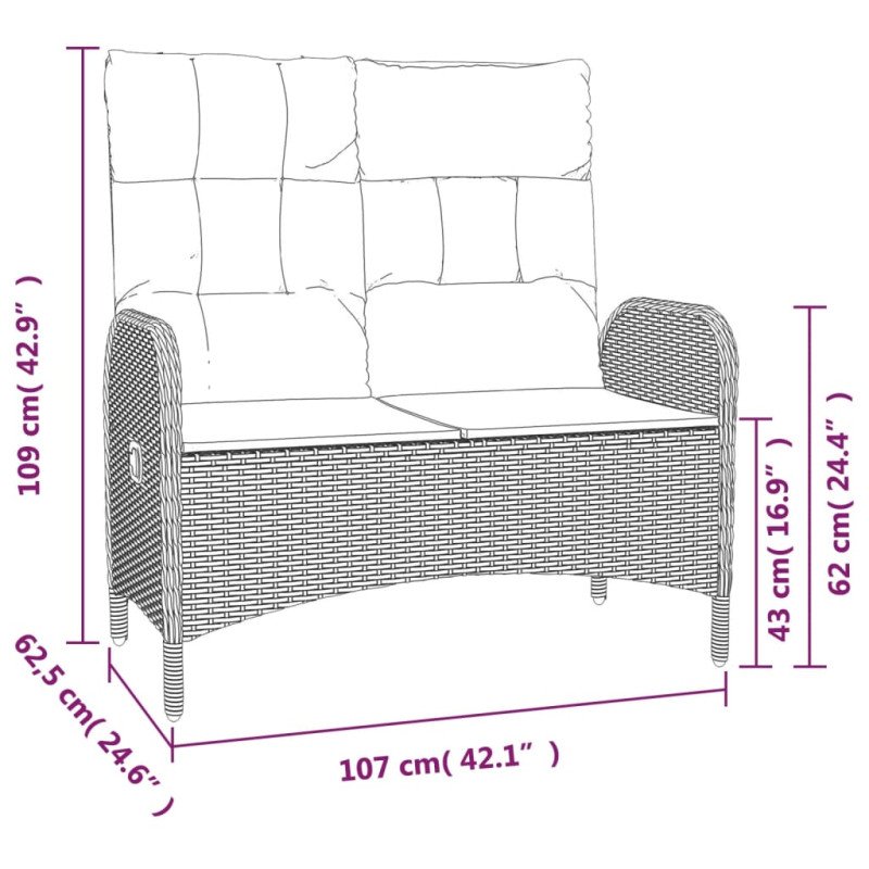 vidaXL Sklápacia záhradná lavička s vankúšmi 107 cm polyratan čierna