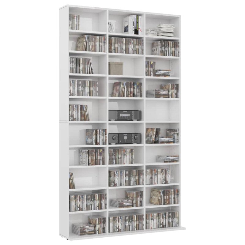 vidaXL Skrinka na CD, lesklá biela 102x16x177,5 cm, kompozitné drevo