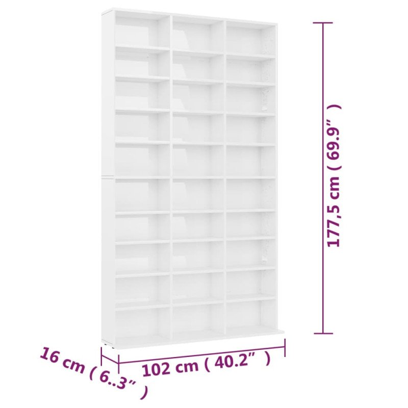vidaXL Skrinka na CD, lesklá biela 102x16x177,5 cm, kompozitné drevo