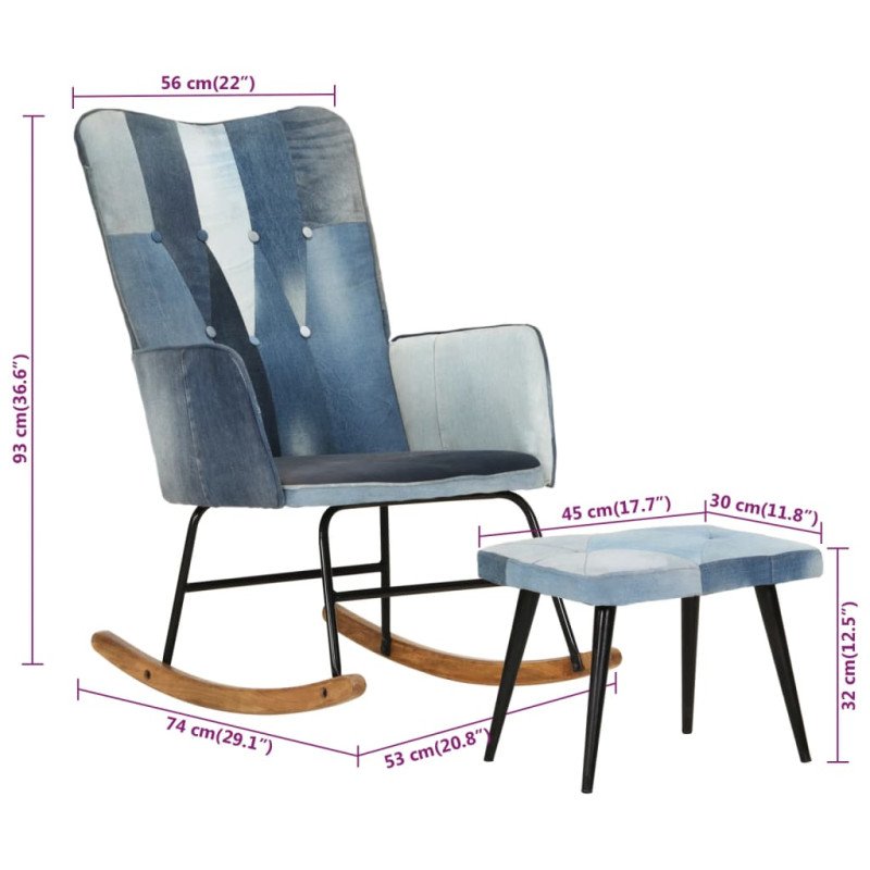 vidaXL Hojdacie kreslo s podnožkou modrá denim patchwork plátno