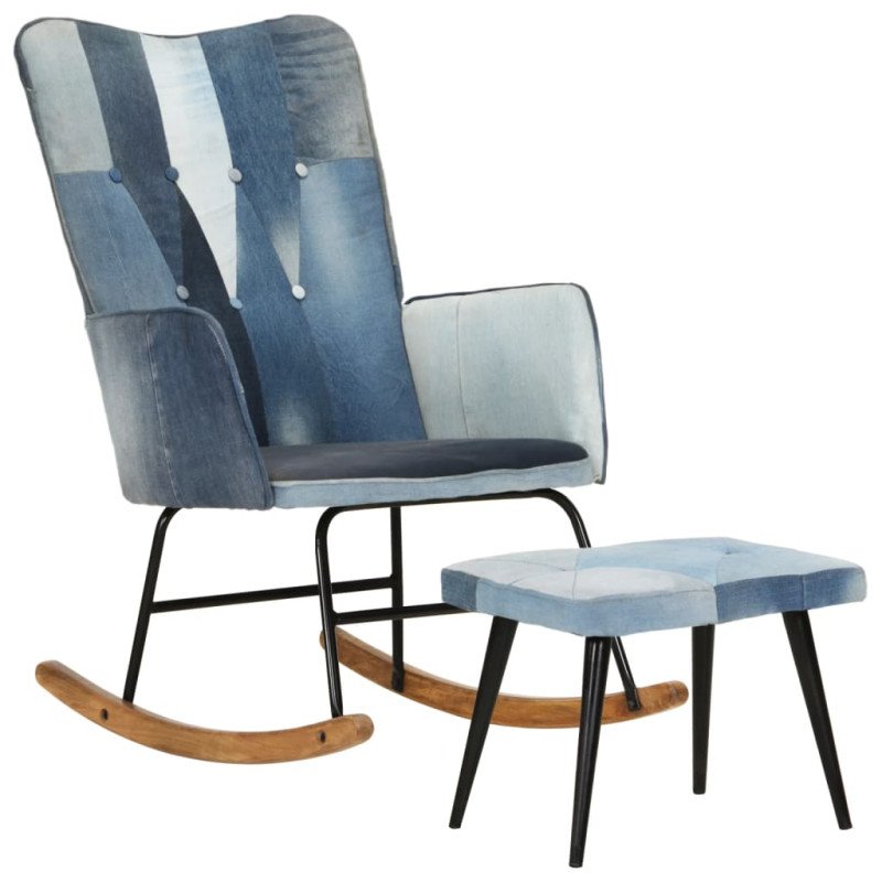 vidaXL Hojdacie kreslo s podnožkou modrá denim patchwork plátno