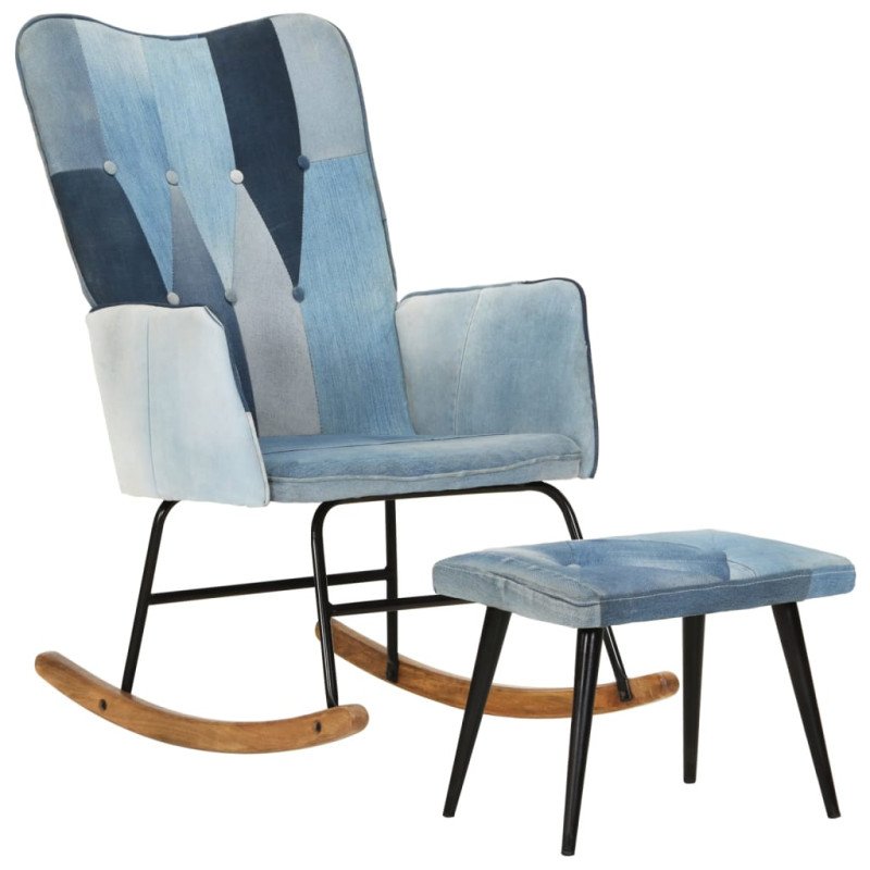 vidaXL Hojdacie kreslo s podnožkou modrá denim patchwork plátno