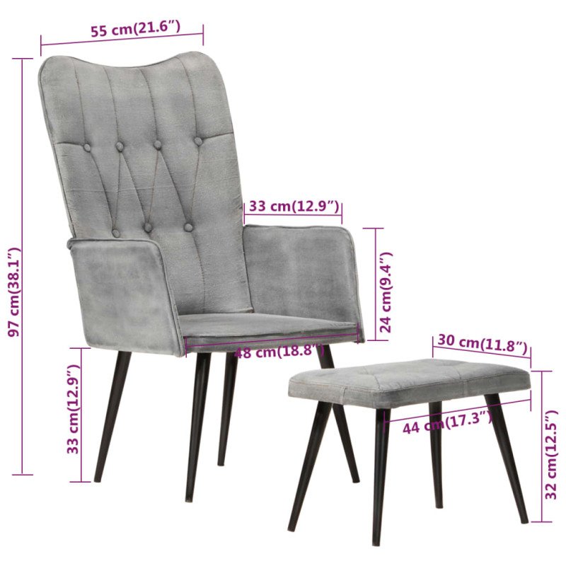 vidaXL Kreslo wingback s podnožkou sivé vintage plátno