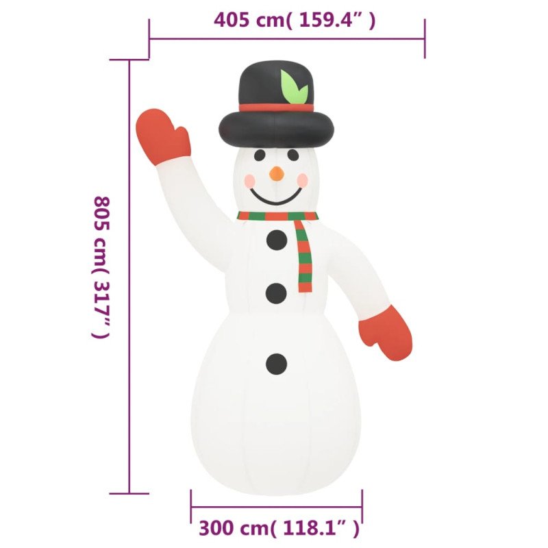 vidaXL Nafukovací vianočný snehuliak s LED 805 cm