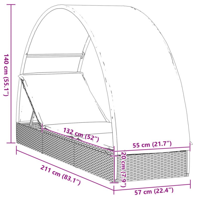 vidaXL Lehátko s okrúhlou strechou hnedé 211x57x140 cm polyratan