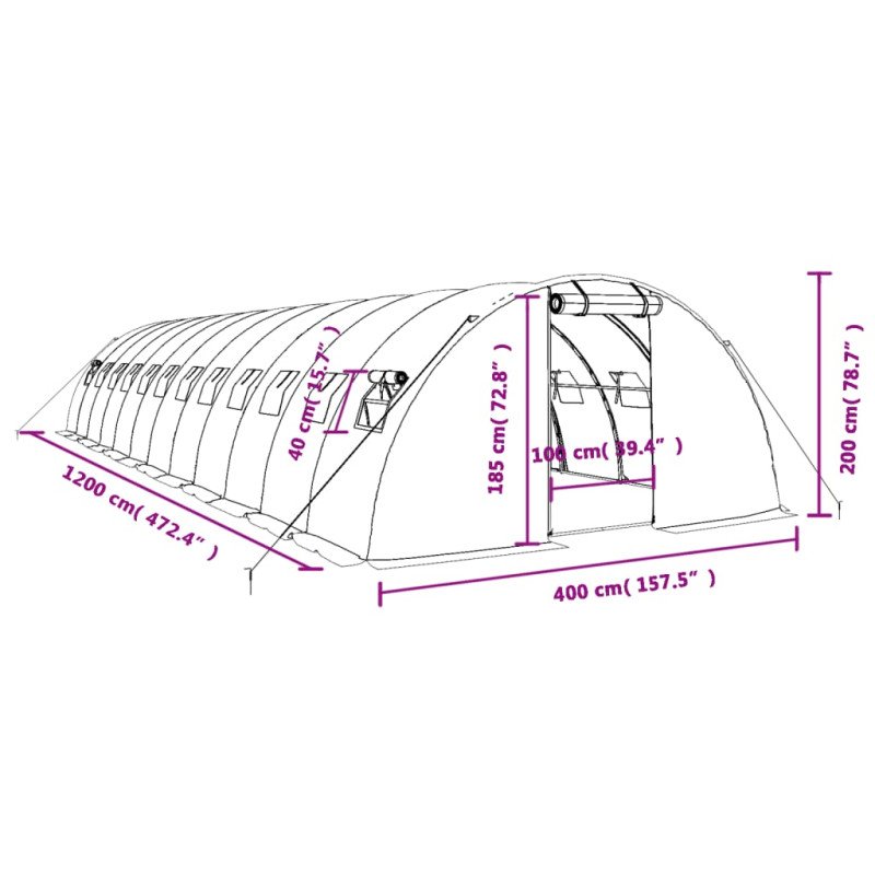 vidaXL Fóliovník s oceľovým rámom zelený 48 m² 12x4x2 m