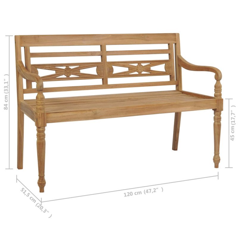 vidaXL Lavička Batavia so sivou podložkou 120 cm tíkový masív
