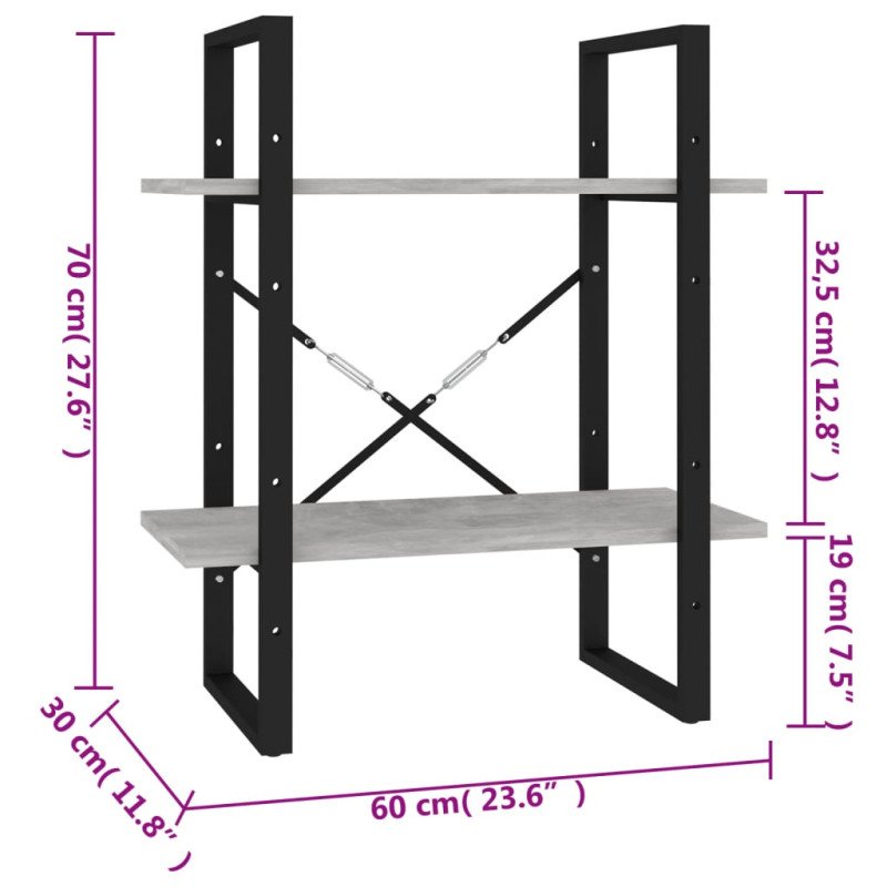 vidaXL Knižnica s 2 policami betónovo-sivá 60x30x70 cm drevotrieska