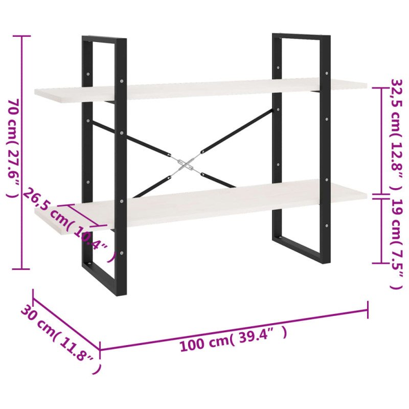 vidaXL Knižnica s 2 policami biela 100x30x70 cm masívna borovica 